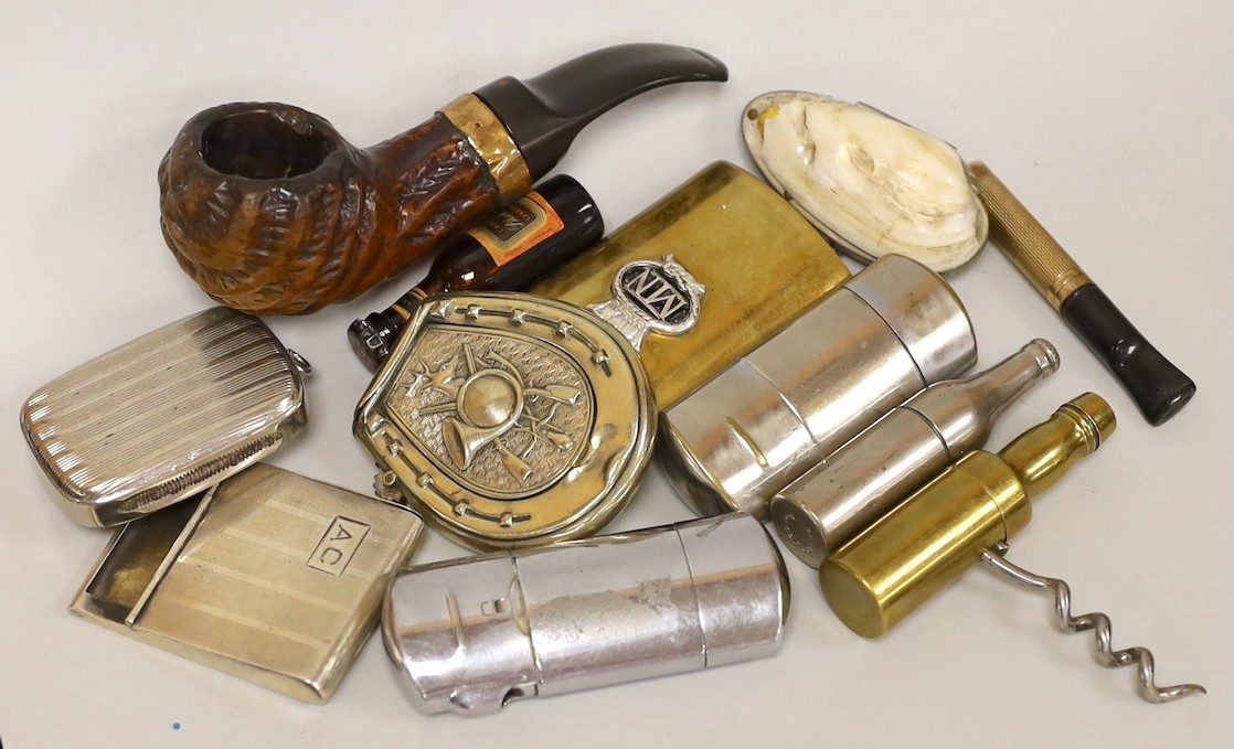 A 9ct gold cheroot holder together with a yellow metal mounted smokers pipe, various lighters and bottle openers